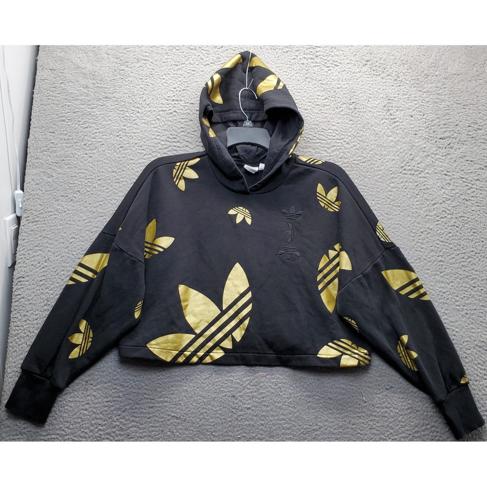 Adidas Original Cropped Hoodie Women S Multi AOP Gold Foil Trefoil Logo Pullover